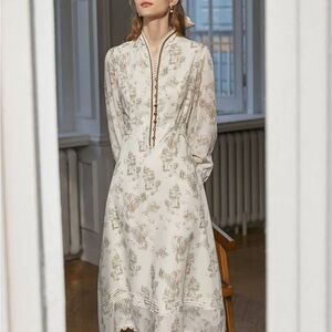 Simple Retro Lyric Printed Stand Collar Midi Dress